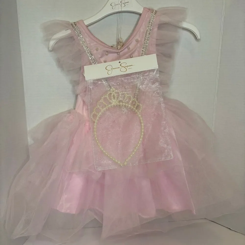 Jessica Simpson Pink Faux Pearl Rhinestone Tule Tutu Dress Up Dress Tiara 2T NWT